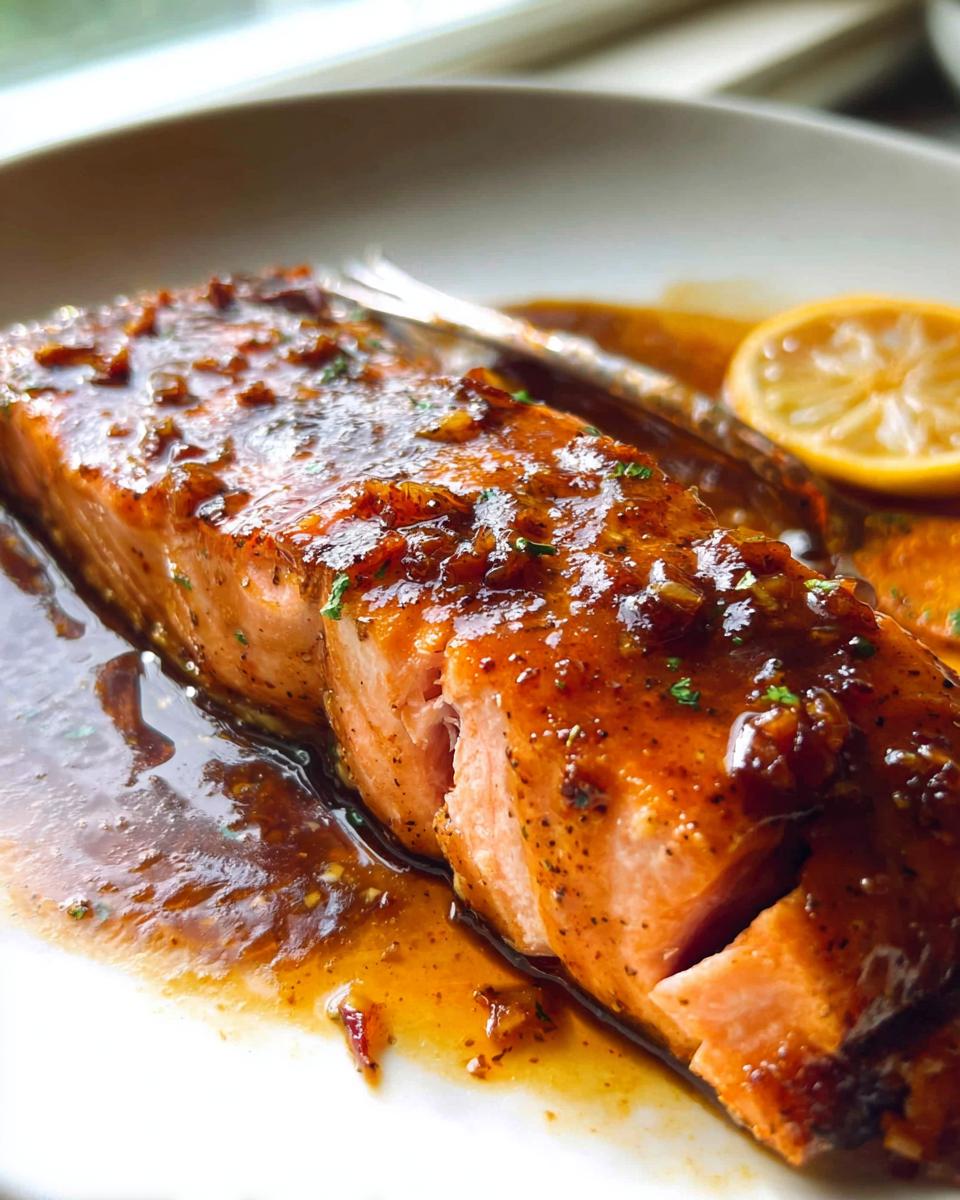 Close-up of a flaky salmon fillet covered in a rich, glossy honey garlic glaze, served with a lemon slice.