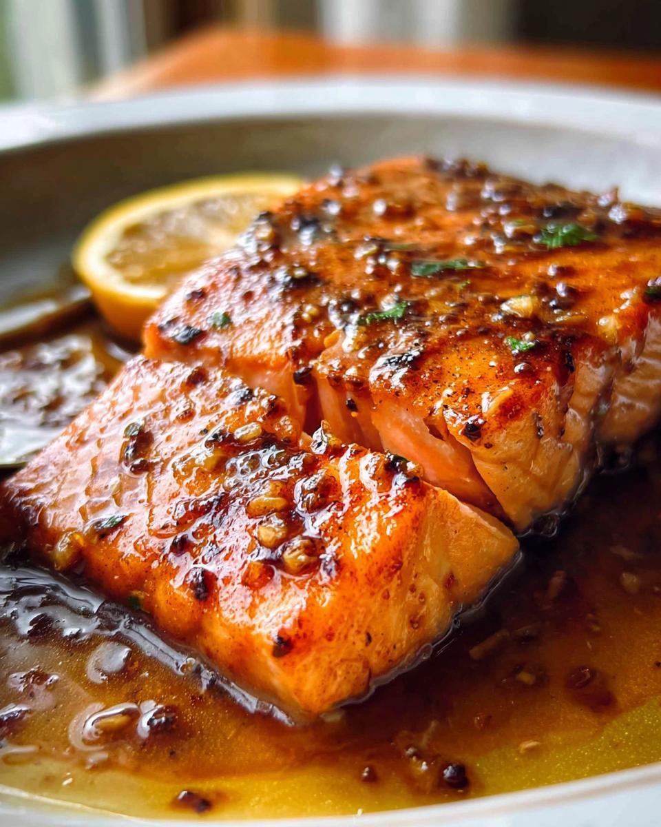 Close-up of a perfectly cooked One Pan Honey Garlic Salmon fillet covered in a shiny, thick glaze with visible garlic pieces.