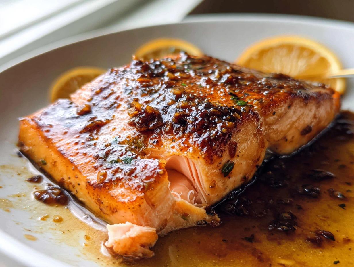 Close-up of a perfectly cooked One Pan Honey Garlic Salmon fillet covered in a rich, sticky glaze.