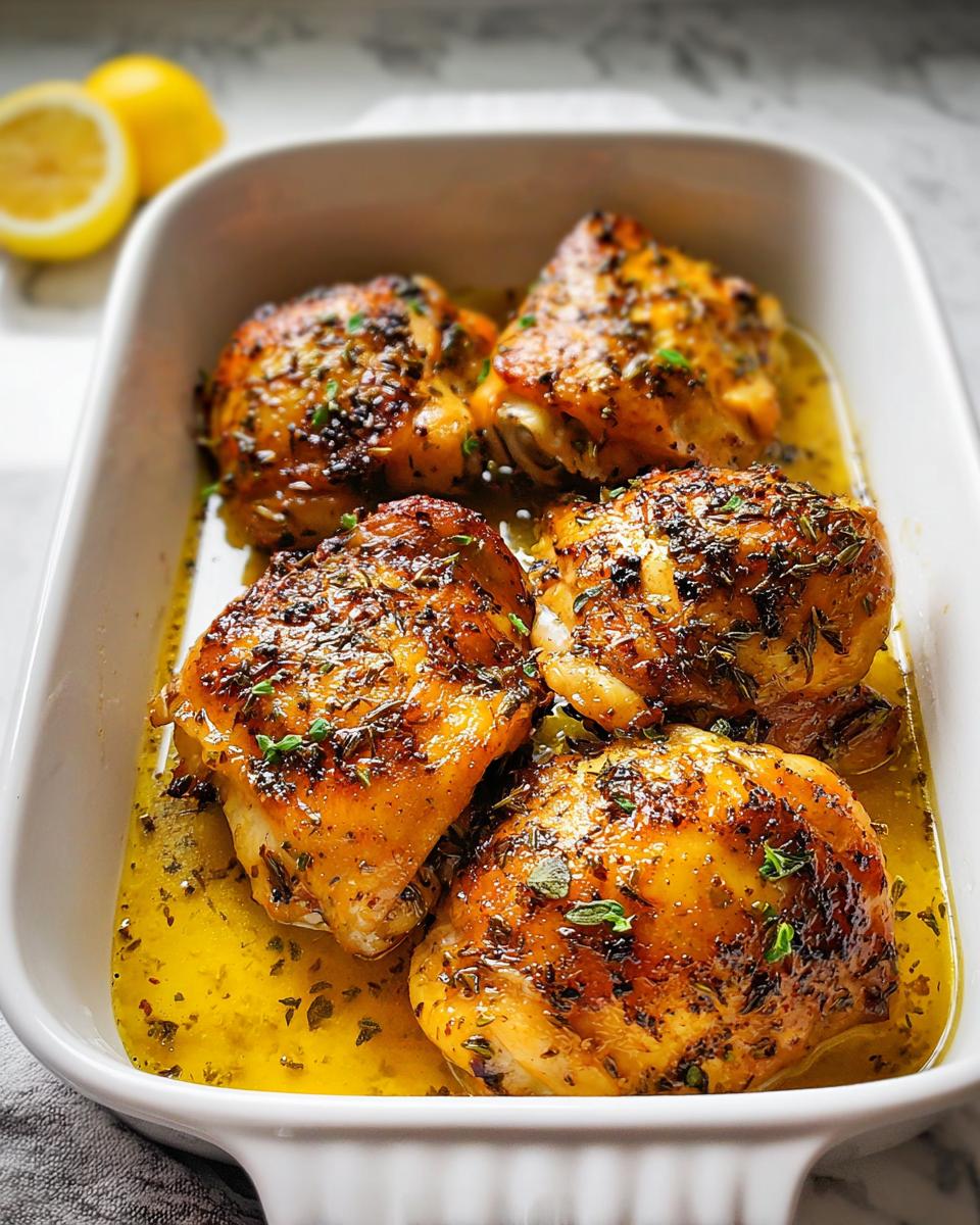 Four golden brown One-Pan Lemon Herb Chicken Thighs resting in a white baking dish with lemon-herb sauce.