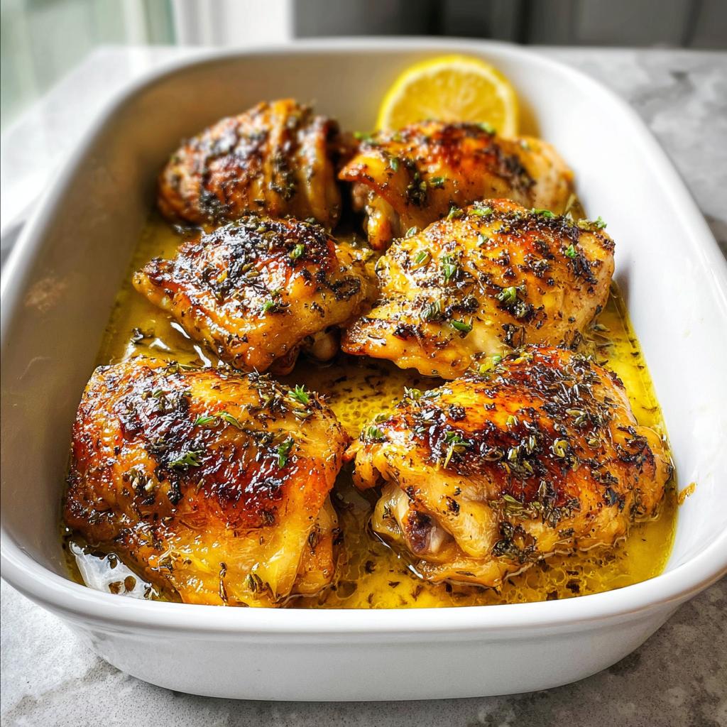 Five crispy, golden-brown One-Pan Lemon Herb Chicken Thighs baked in a white dish with lemon-herb sauce.