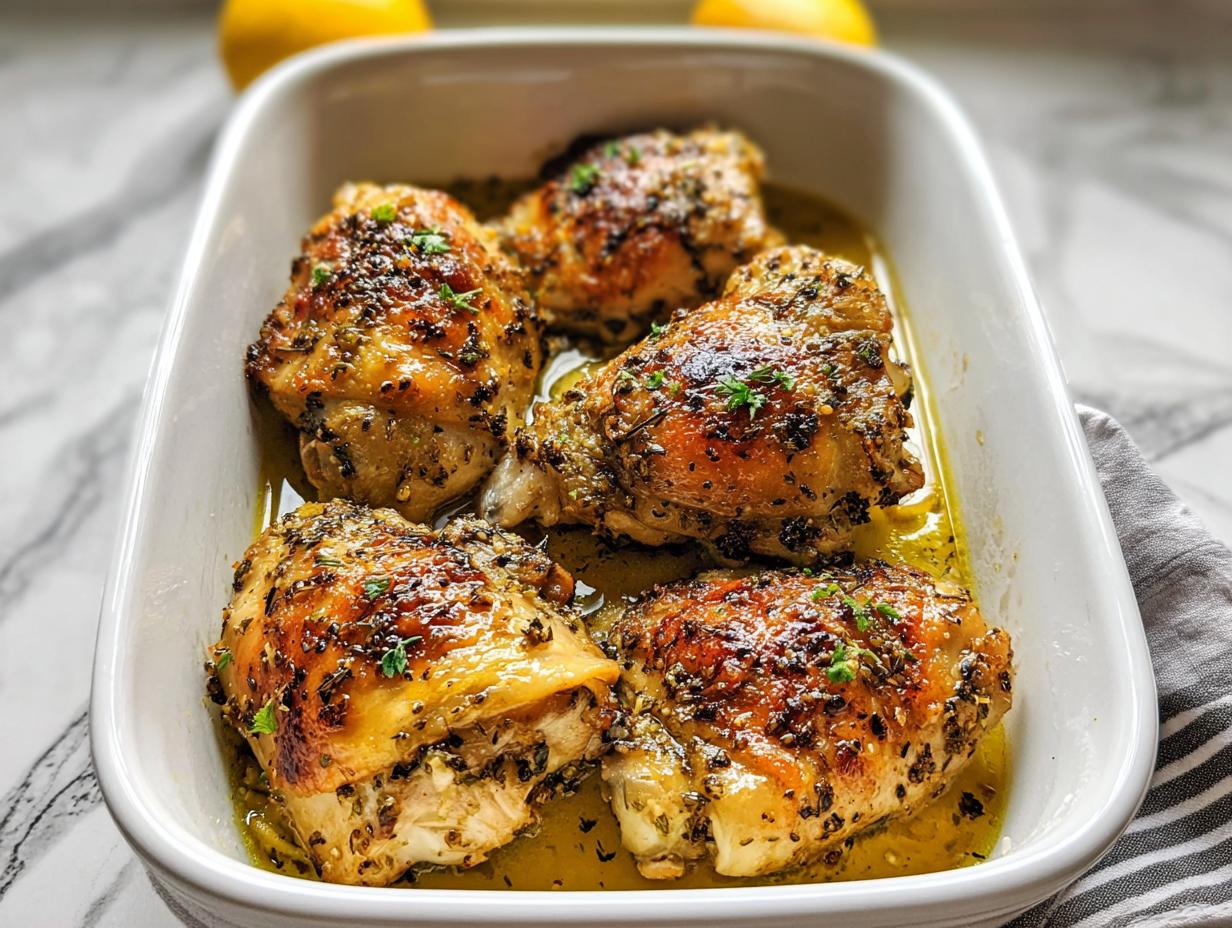 Four perfectly baked One-Pan Lemon Herb Chicken Thighs resting in a white baking dish with lemon-herb juices.