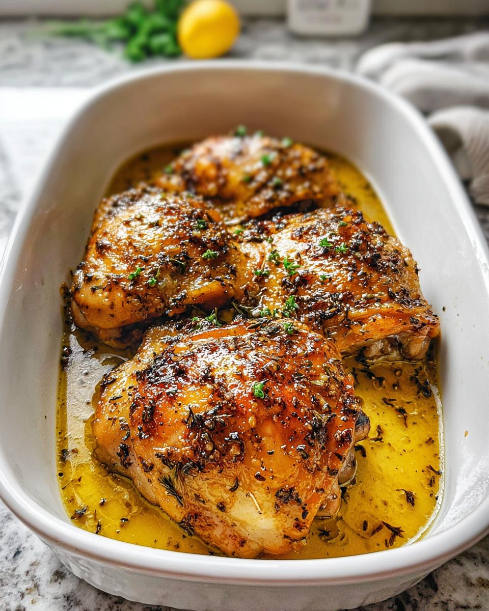 Four golden brown One-Pan Lemon Herb Chicken Thighs resting in savory lemon-herb pan juices in a white baking dish.