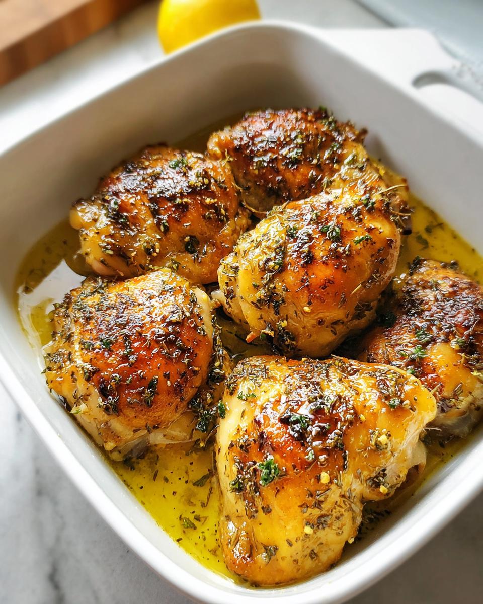Five golden-brown One-Pan Lemon Herb Chicken Thighs glistening in savory pan juices.