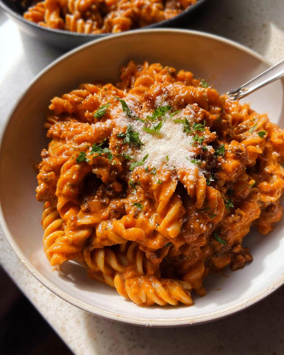Close-up of a bowl filled with One Pot Creamy Tomato Pasta, topped with grated Parmesan cheese and parsley.