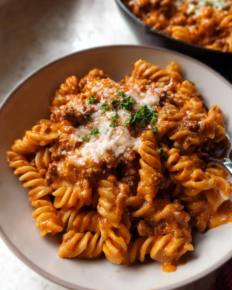 A close-up of a bowl filled with One Pot Creamy Tomato Pasta, topped with melted cheese and parsley.