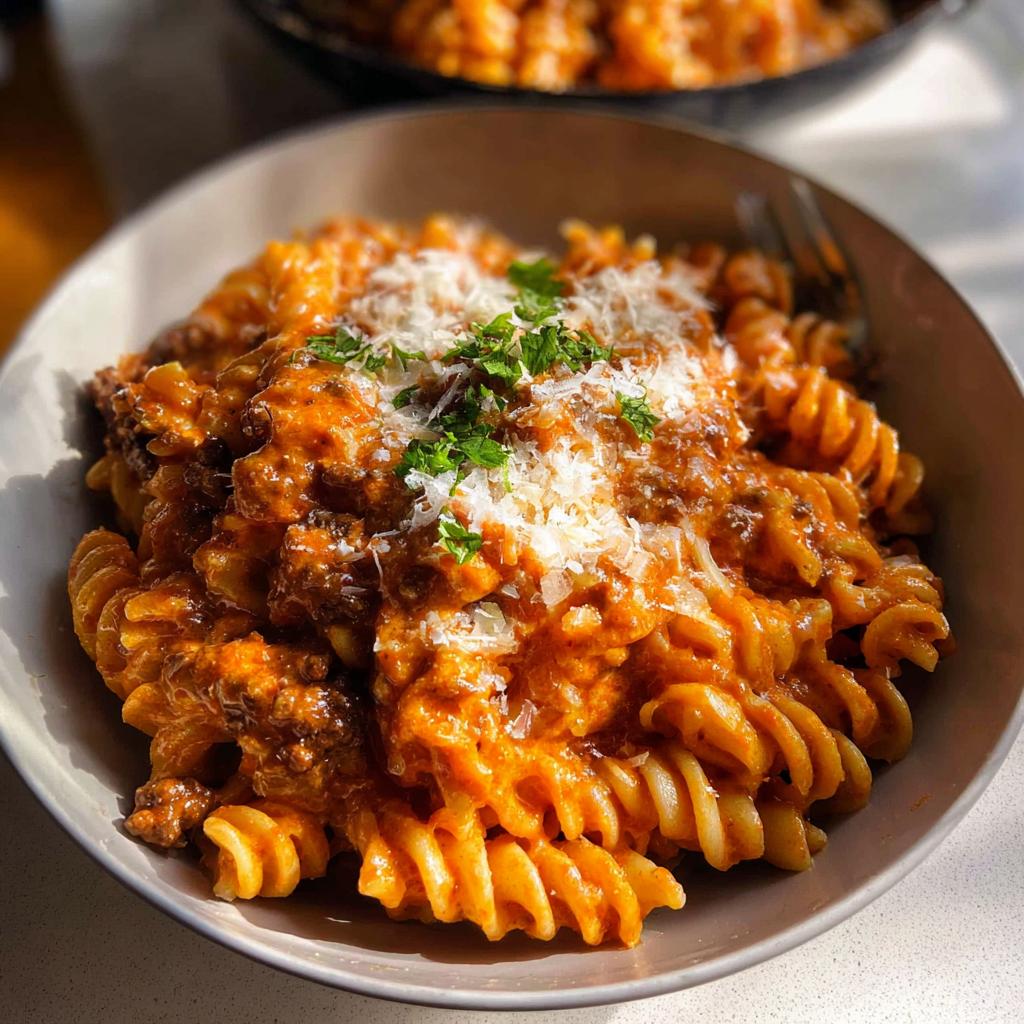 A close-up of a bowl filled with One Pot Creamy Tomato Pasta, topped with grated Parmesan and fresh parsley.