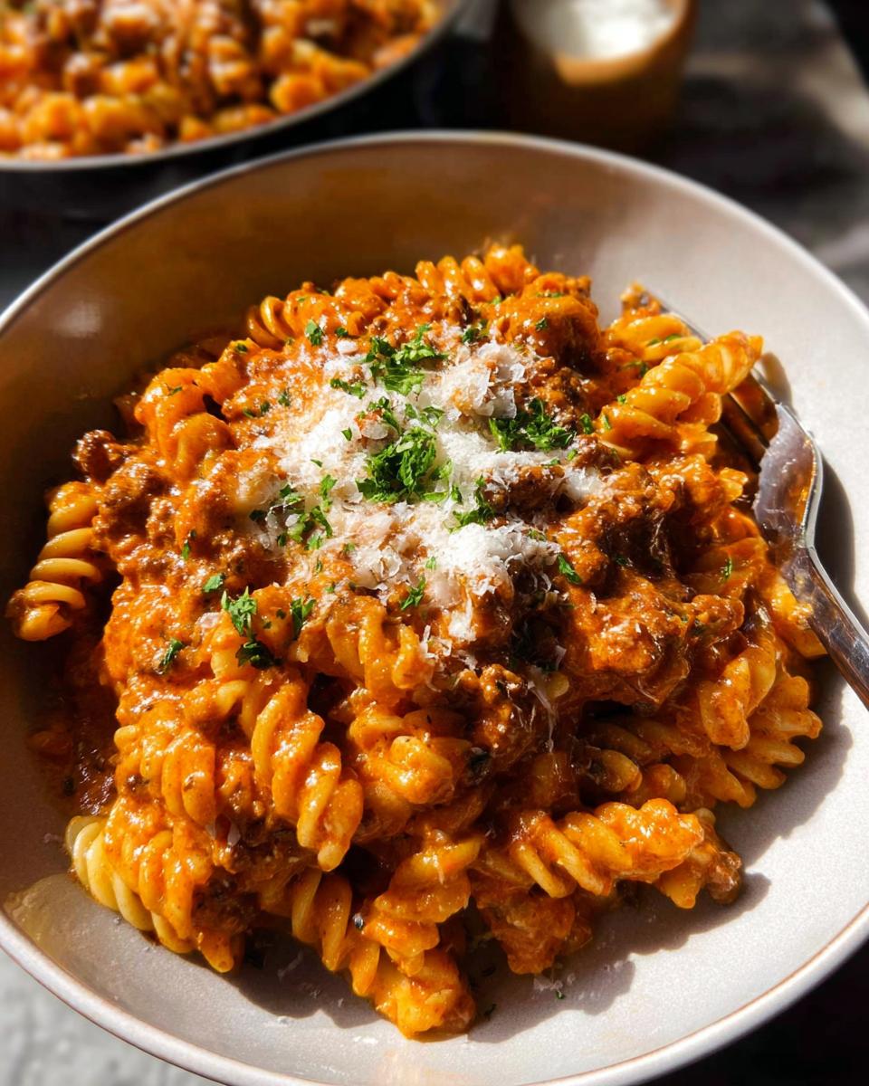 A bowl of One Pot Creamy Tomato Pasta featuring fusilli noodles coated in a rich sauce, topped with Parmesan and parsley.