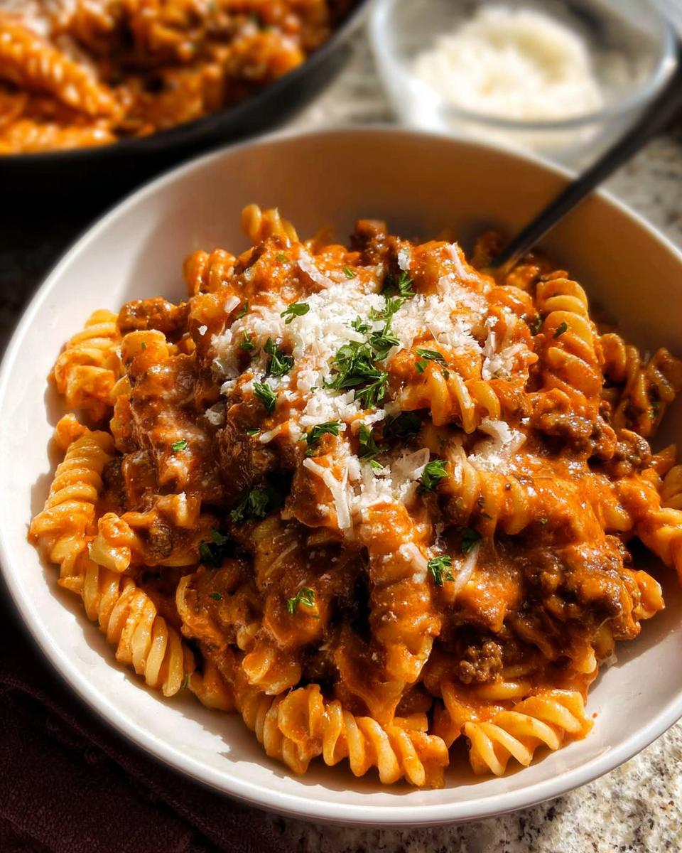 A close-up of a white bowl filled with One Pot Creamy Tomato Pasta, topped with grated Parmesan cheese and fresh parsley.