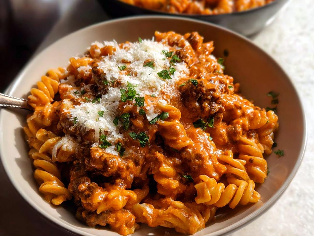 A bowl of One Pot Creamy Tomato Pasta featuring fusilli noodles coated in a rich sauce and topped with grated Parmesan cheese and parsley.