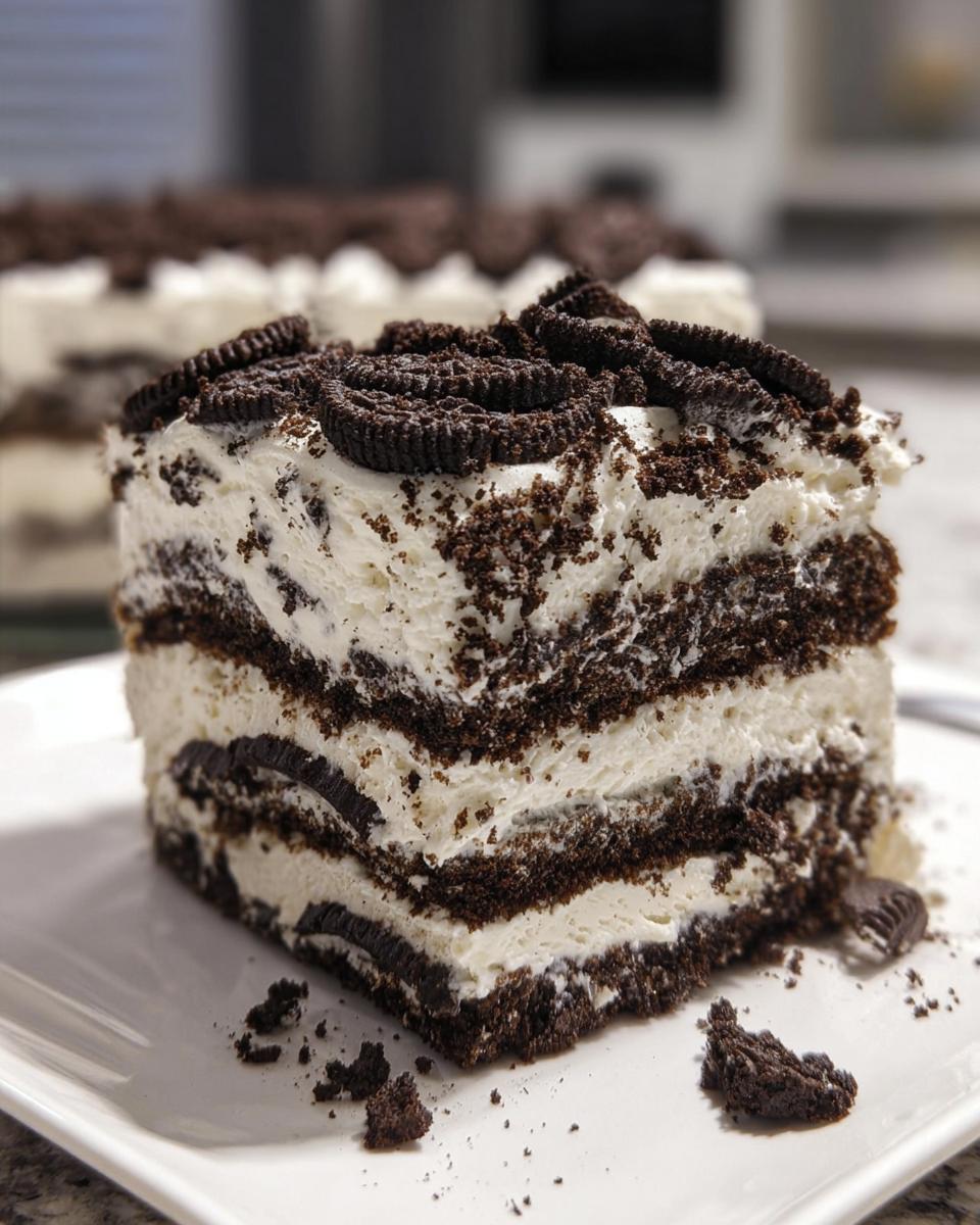 A thick slice of Oreo Cookies and Cream Icebox Cake showing layers of cream and chocolate cookies.