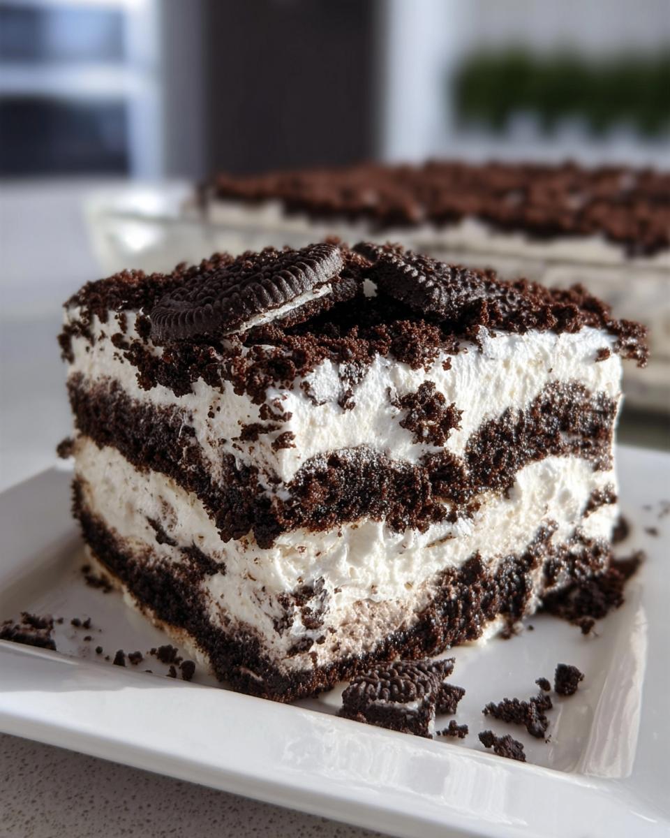 A rich slice of Oreo Cookies and Cream Icebox Cake showing layers of cream and crushed cookies, topped with a mini Oreo.