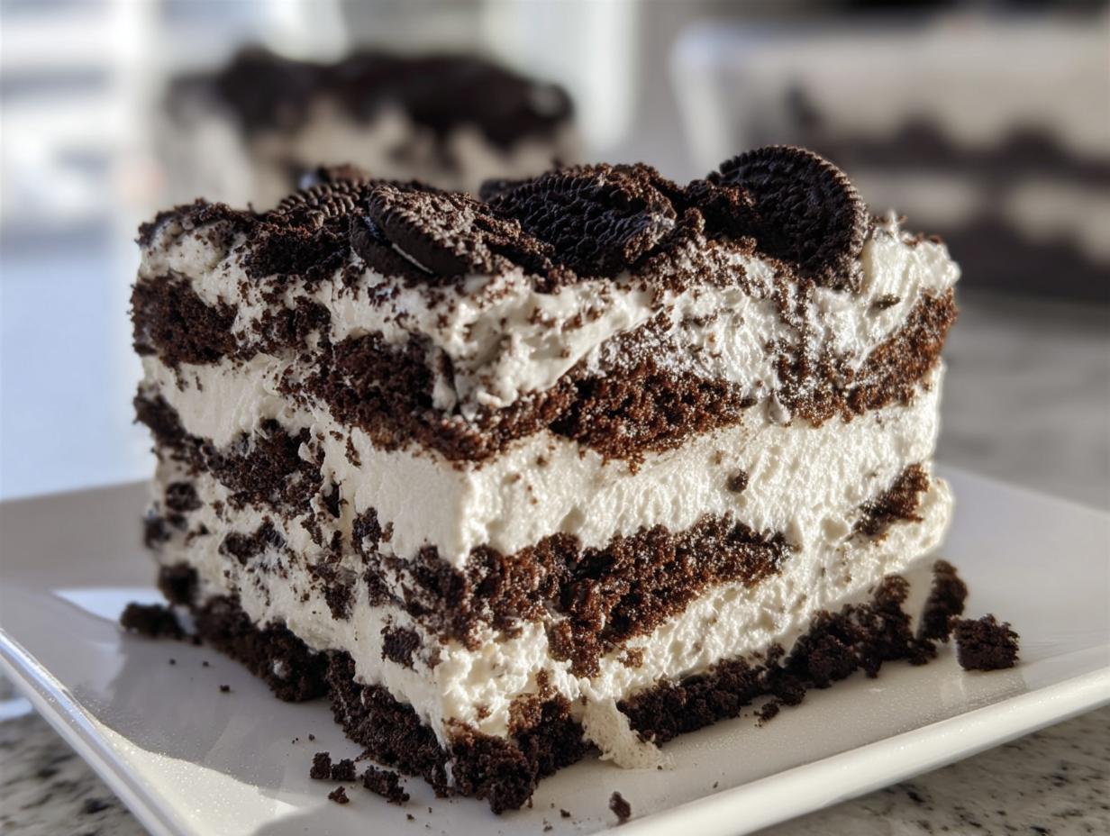 A close-up of a layered slice of Oreo Cookies and Cream Icebox Cake topped with whole cookies.