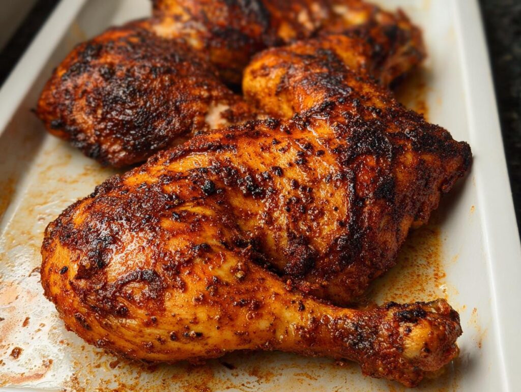Close-up of perfectly baked Paprika Garlic Baked Chicken Quarters with crispy, seasoned skin in a white baking dish.