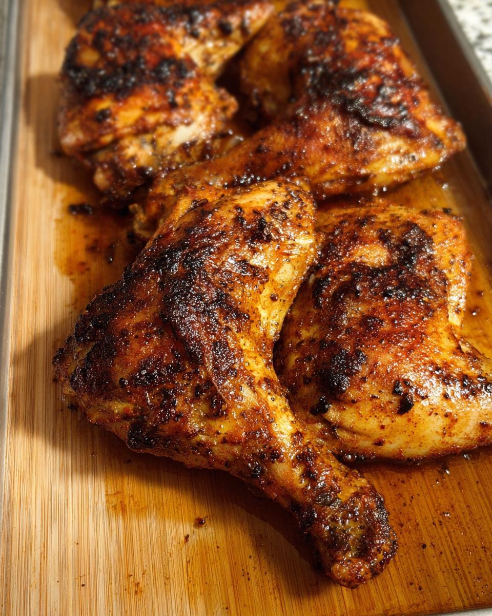 Close-up of juicy Paprika Garlic Baked Chicken Quarters with crispy, dark seasoning on a wooden surface.