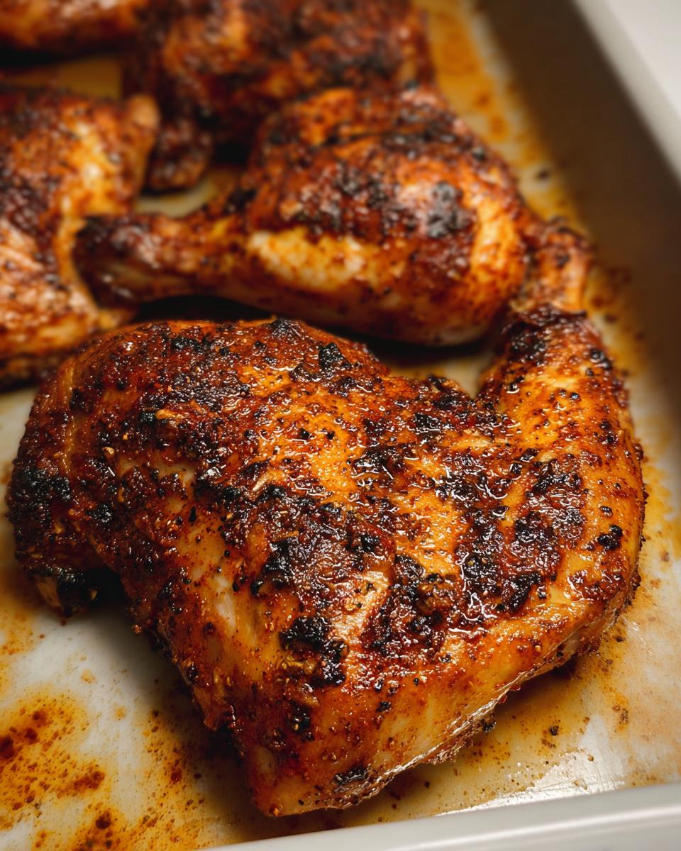 Close-up of juicy Paprika Garlic Baked Chicken Quarters with a dark, seasoned, crispy skin in a baking dish.