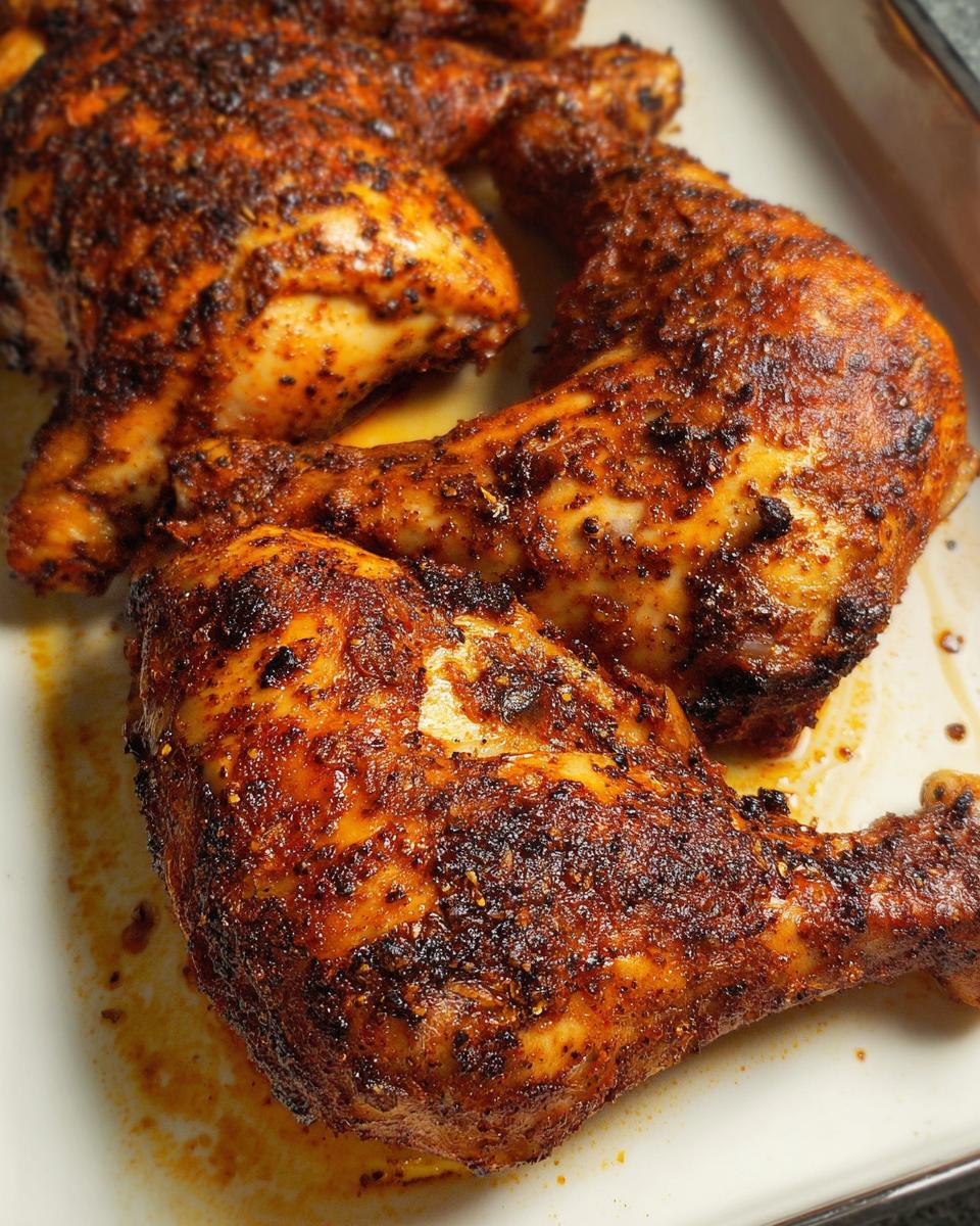 Close-up of three juicy Paprika Garlic Baked Chicken Quarters with a dark, crispy, seasoned crust.