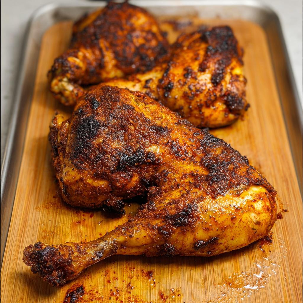 Close-up of three juicy Paprika Garlic Baked Chicken Quarters with crispy, dark-red seasoned skin resting on a wooden board.