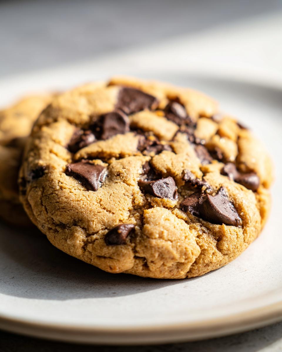 A close-up, sunlit shot of a freshly baked Peanut Butter Chocolate Chip Cookie loaded with dark chocolate chunks on a light plate.