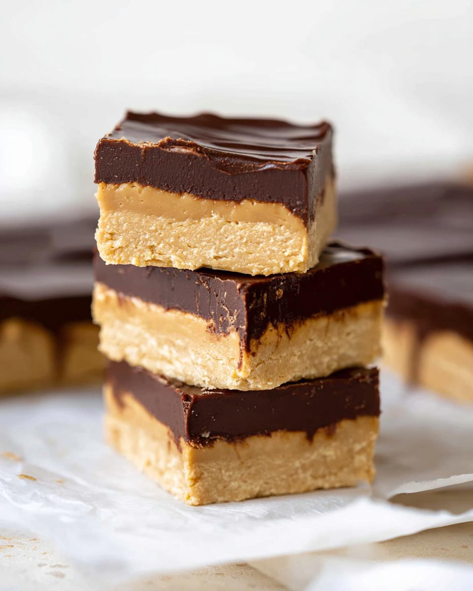 Three stacked Peanut Butter Chocolate Fudge Squares showing a thick peanut butter base and a rich chocolate topping.
