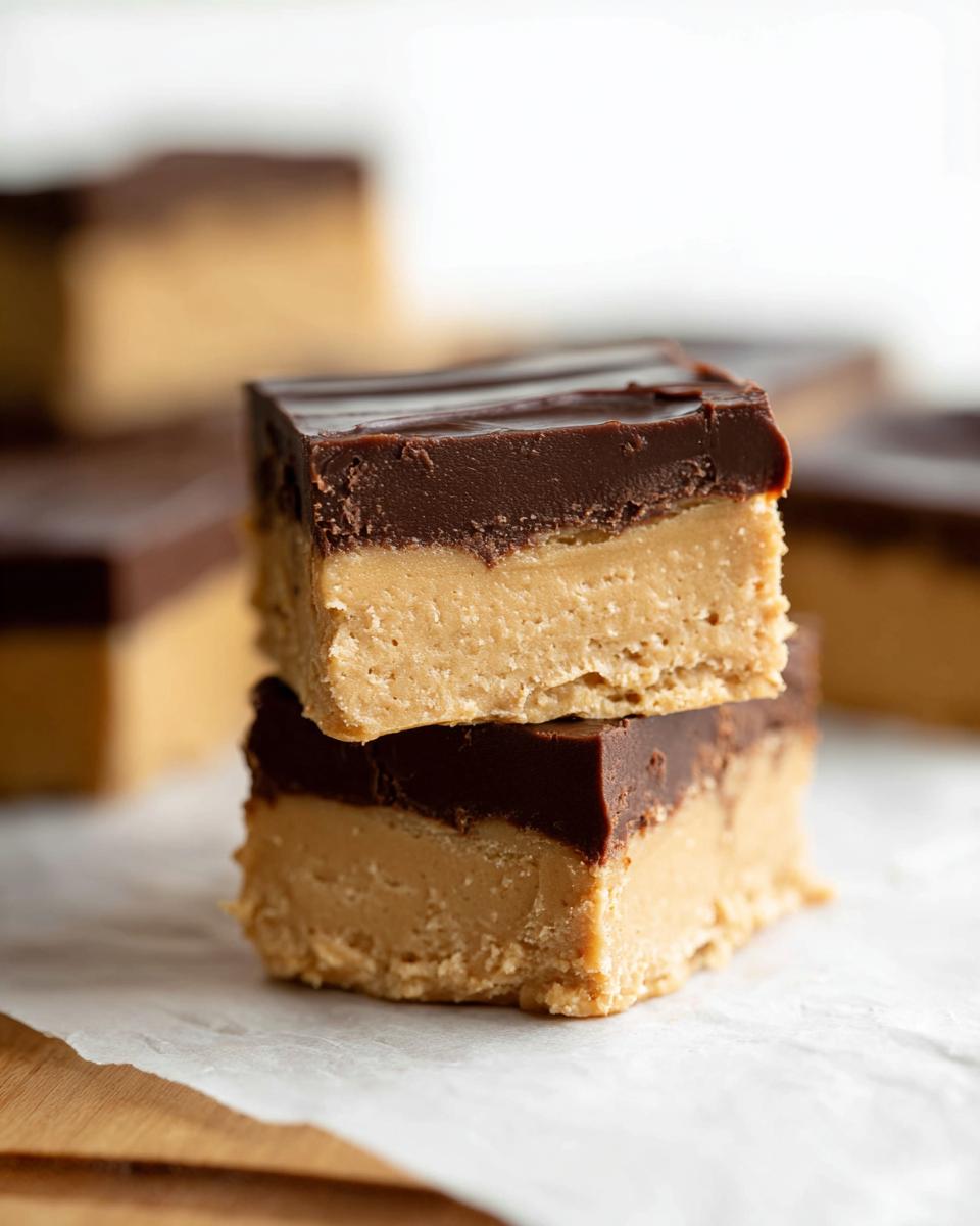 Two stacked squares of Peanut Butter Chocolate Fudge Squares showing a thick peanut butter layer and a smooth chocolate topping.