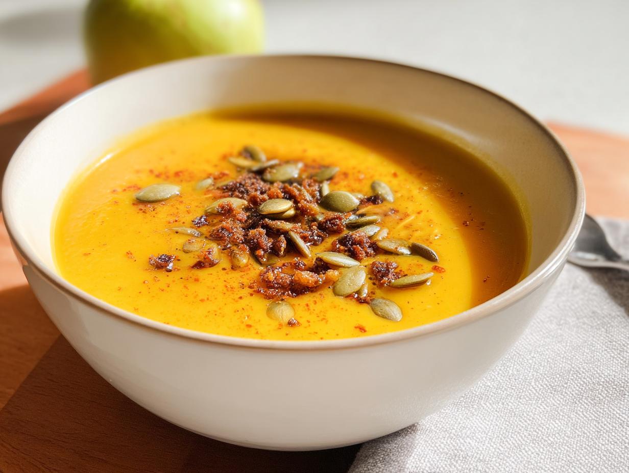 A vibrant bowl of Roasted Butternut Squash Apple Soup topped with pumpkin seeds and crispy bits.
