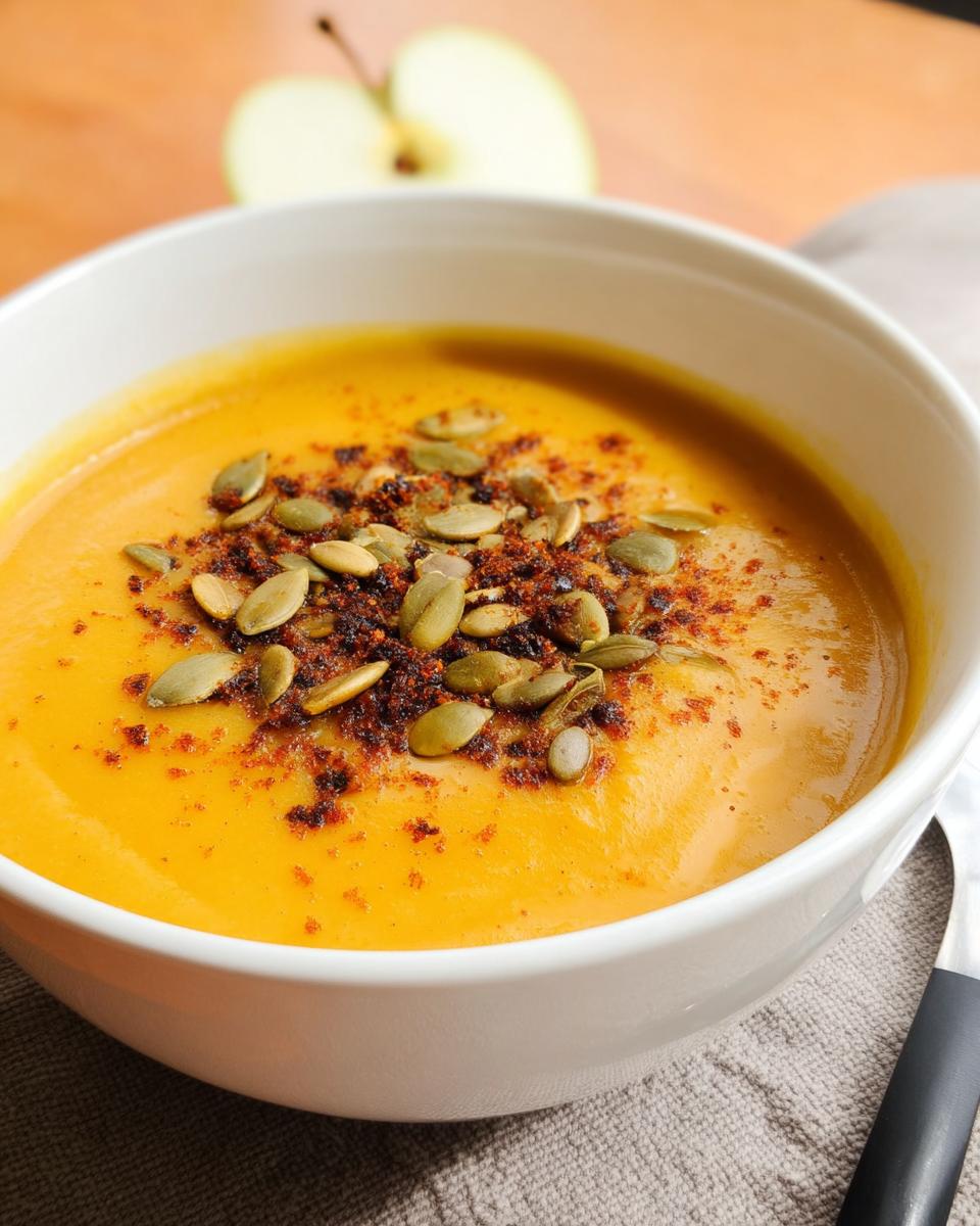 A close-up of creamy Roasted Butternut Squash Apple Soup topped with pumpkin seeds and spice.