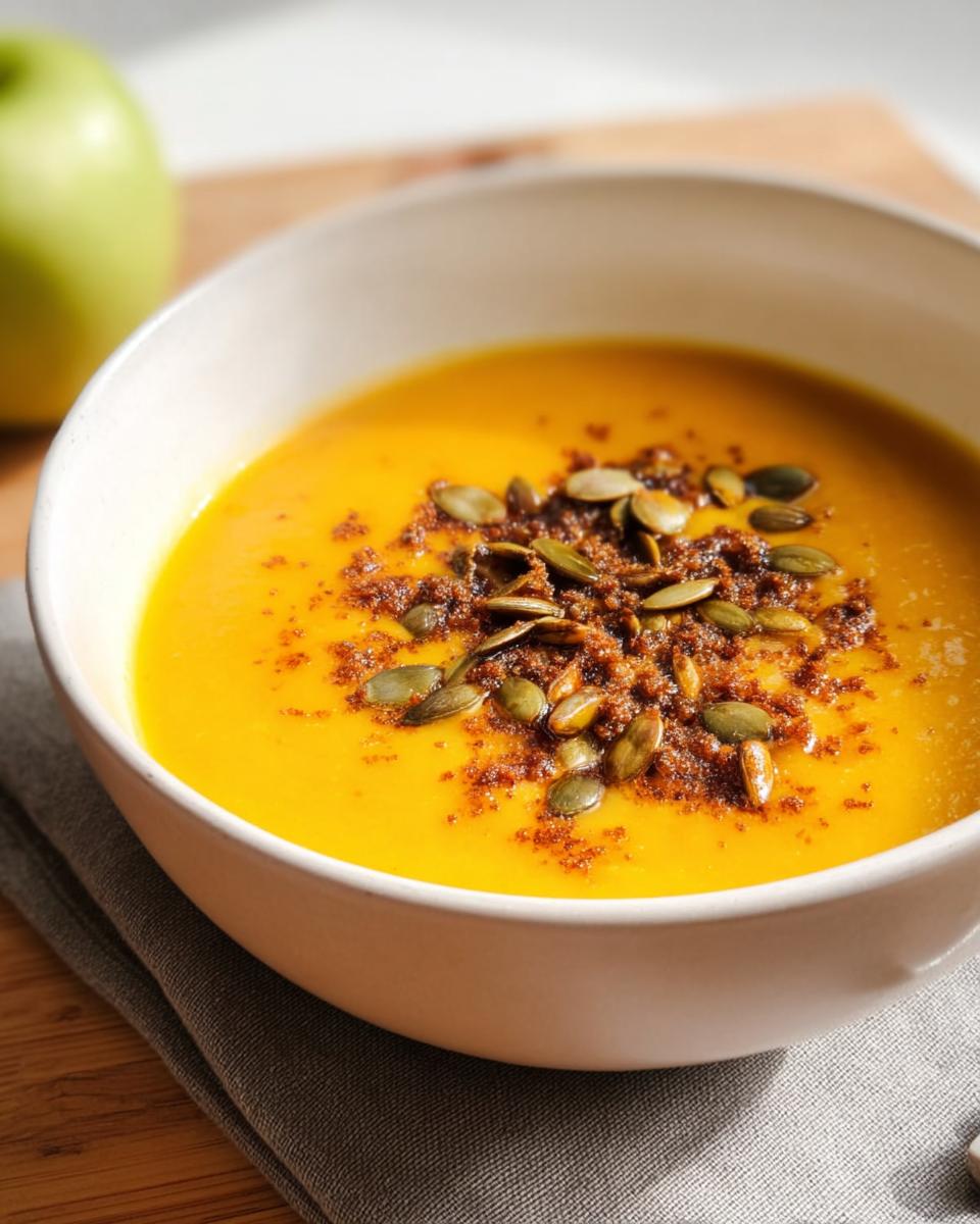 A close-up of bright orange Roasted Butternut Squash Apple Soup topped with toasted pumpkin seeds and spices.
