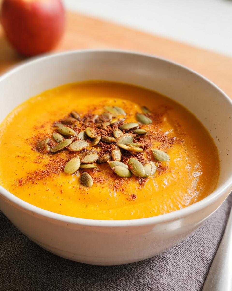 Close-up of vibrant orange Roasted Butternut Squash Apple Soup topped with pumpkin seeds and spice.