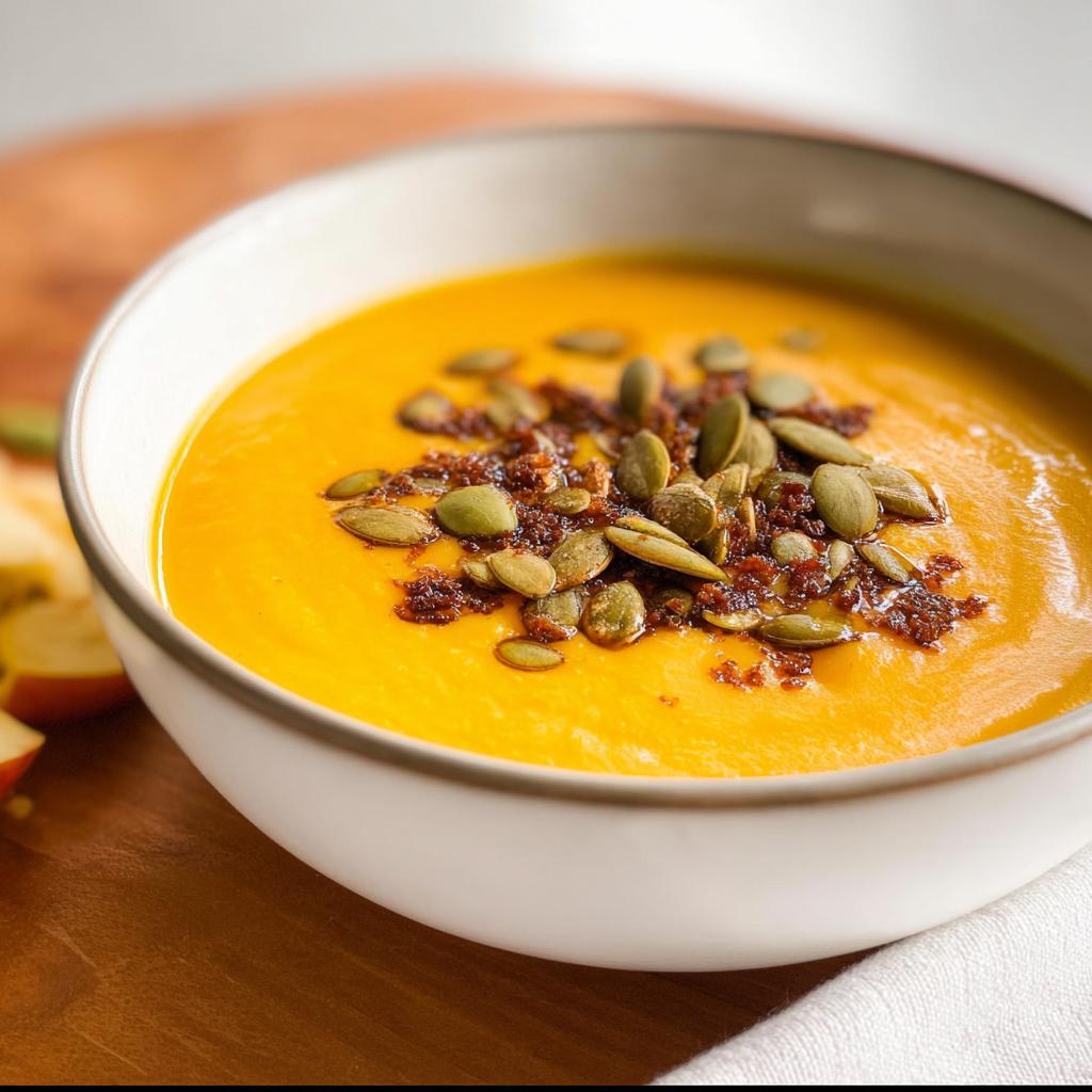 A close-up of creamy Roasted Butternut Squash Apple Soup topped with pumpkin seeds and crispy bits.