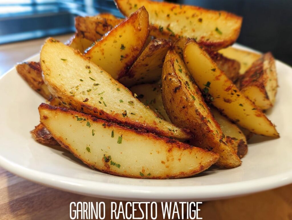 Close-up of golden brown Roasted Ranch Seasoned Potato Wedges piled on a white plate, seasoned with herbs.