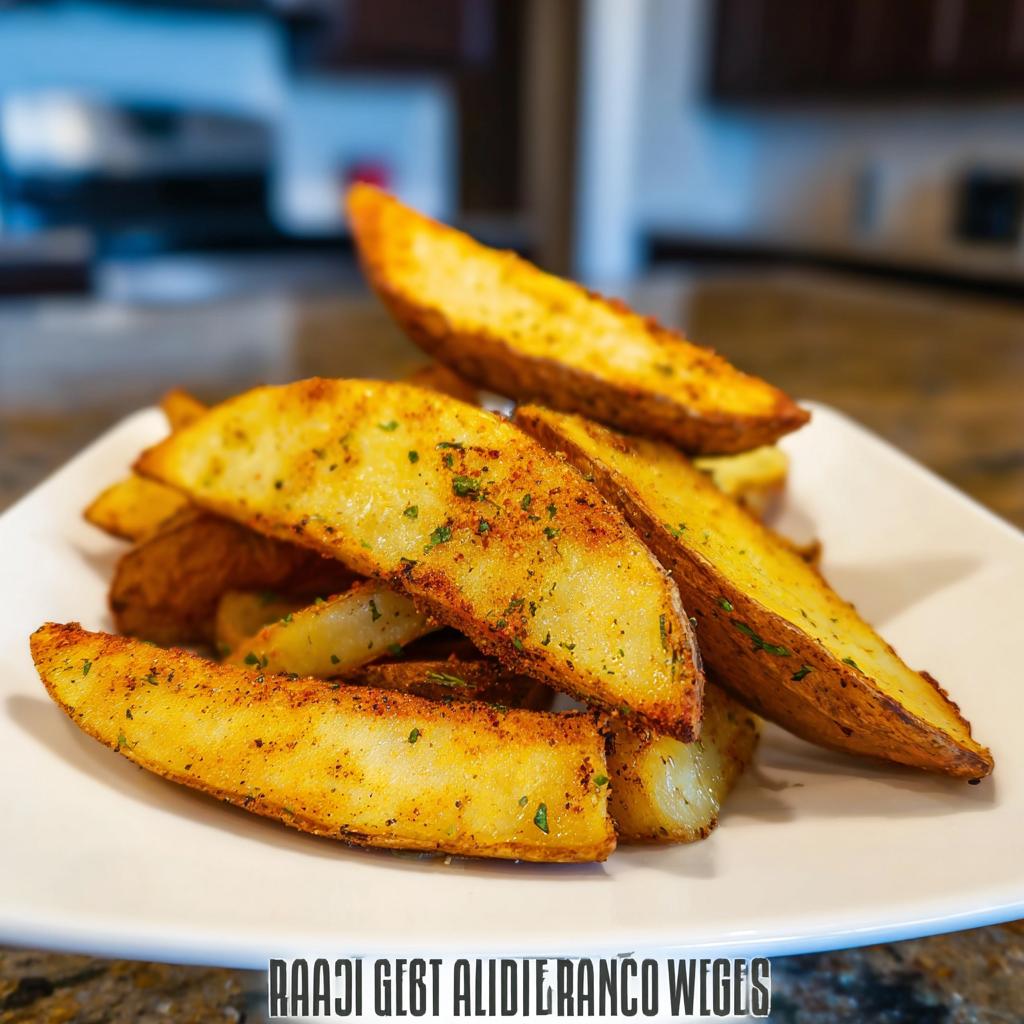 A close-up of golden, crispy Roasted Ranch Seasoned Potato Wedges piled high on a white plate.