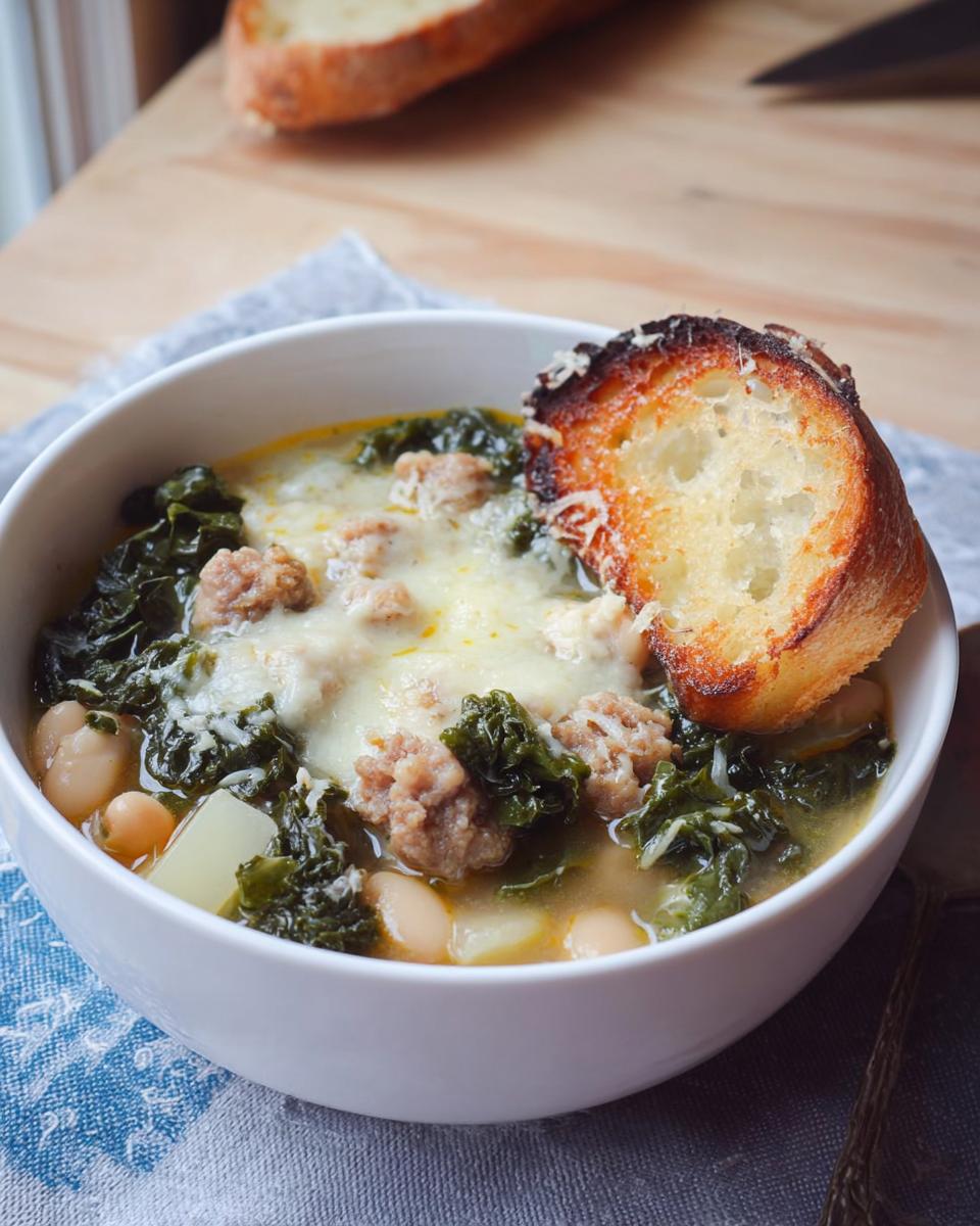A bowl of Rustic Tuscan White Bean and Kale Soup topped with melted cheese and a toasted bread slice.