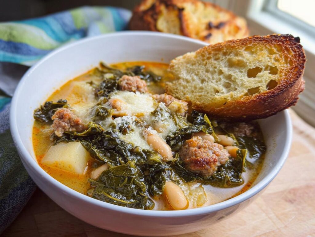 A hearty bowl of Rustic Tuscan White Bean and Kale Soup topped with melted cheese and served with toasted bread.