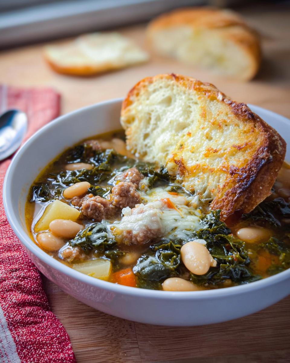A bowl of Rustic Tuscan White Bean and Kale Soup topped with melted cheese and a slice of toasted bread.