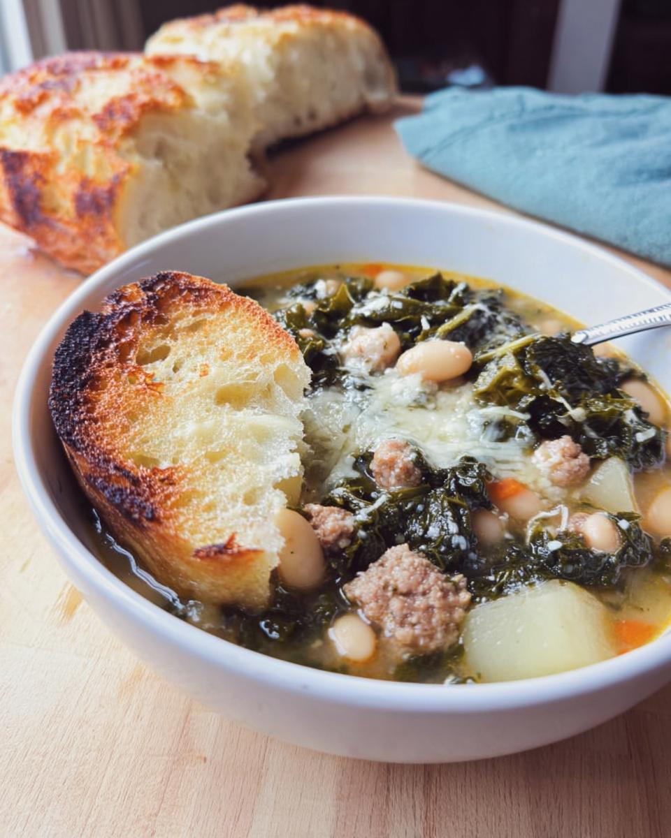 A bowl of Rustic Tuscan White Bean and Kale Soup topped with cheese and served with a crusty bread slice.