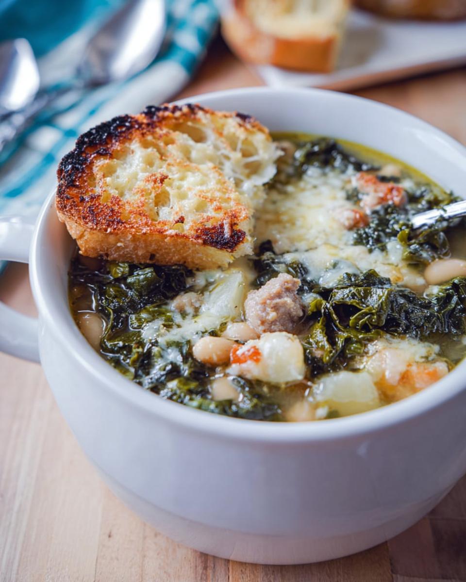 A close-up of Rustic Tuscan White Bean and Kale Soup topped with melted cheese and a grilled bread slice.