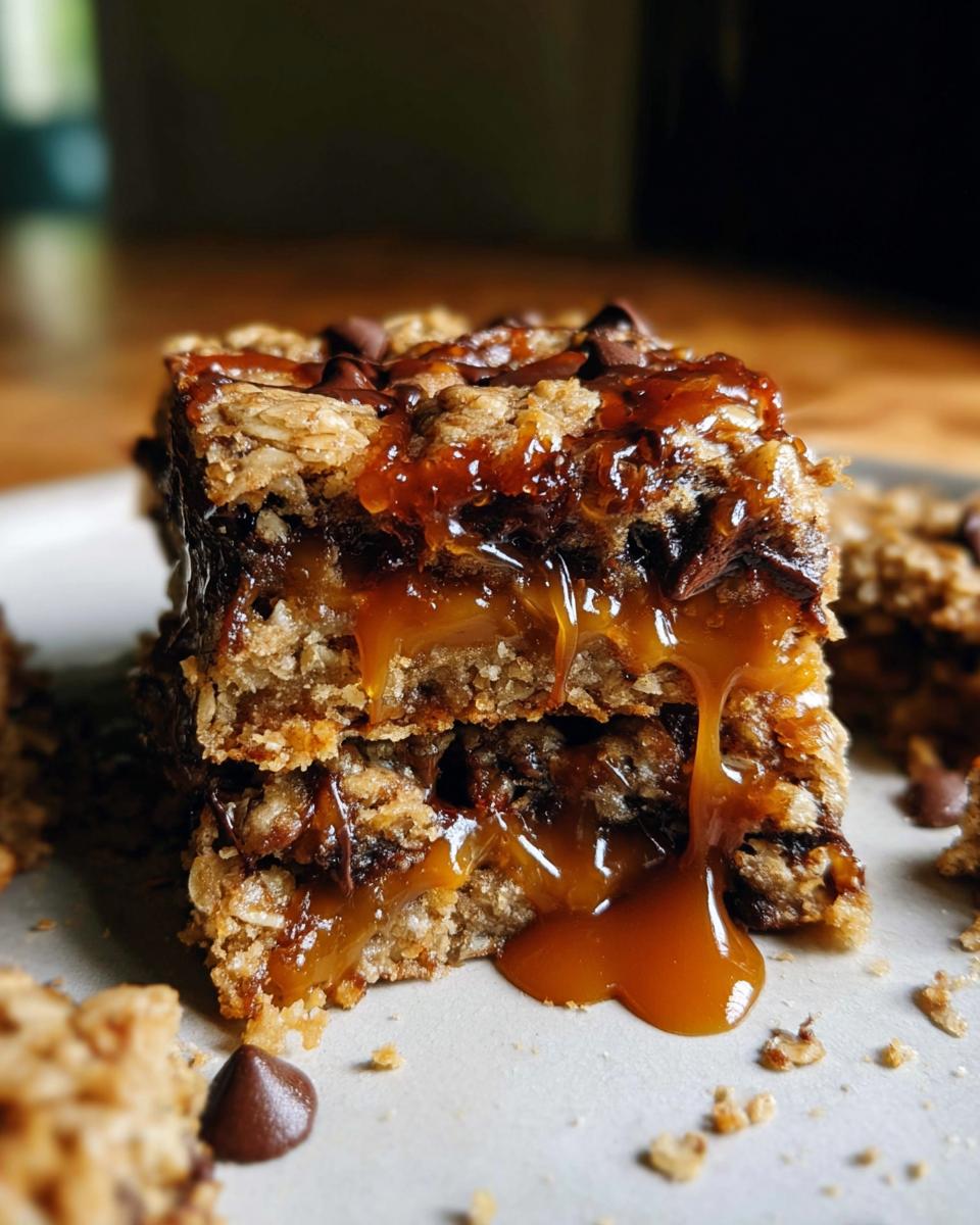 Two stacked Salted Caramel Chocolate Chip Cookie Bars with gooey caramel dripping down the sides.