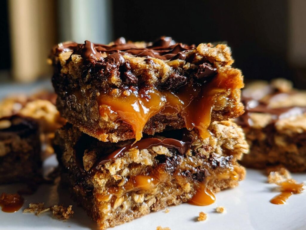 Two stacked Salted Caramel Chocolate Chip Cookie Bars showing gooey caramel oozing out, topped with melted chocolate.