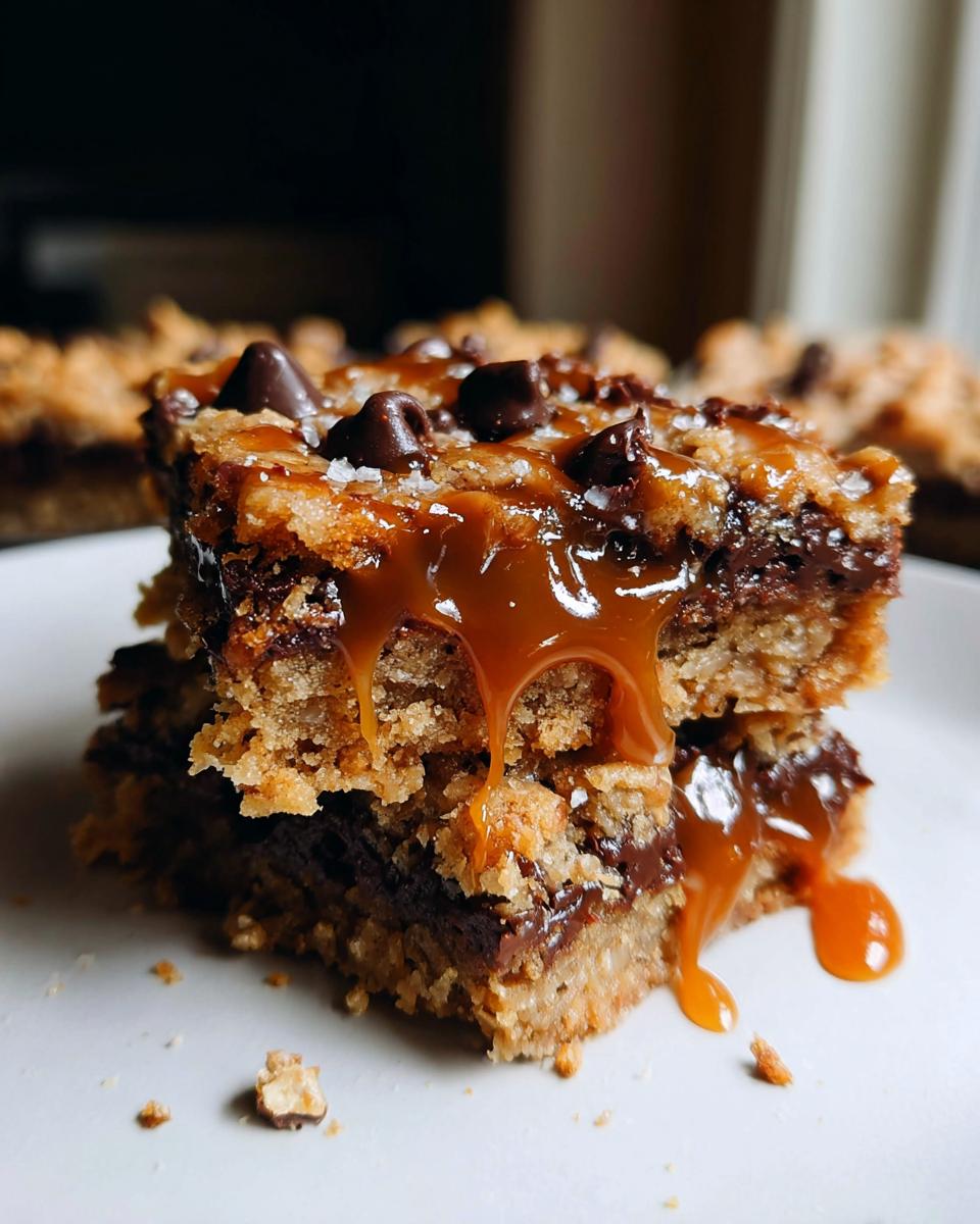 Two stacked Salted Caramel Chocolate Chip Cookie Bars drizzled heavily with gooey caramel and topped with chocolate chips and sea salt.