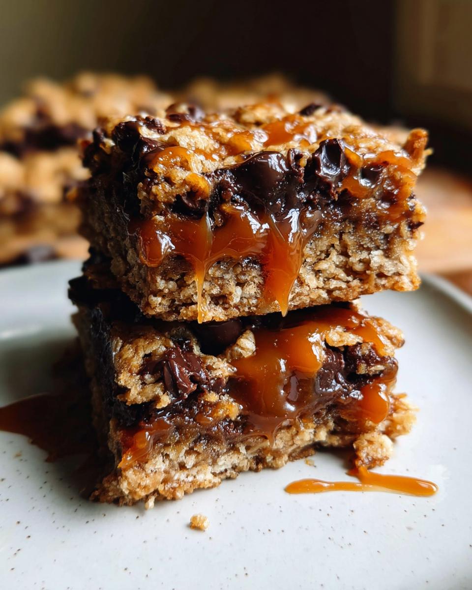 Two stacked Salted Caramel Chocolate Chip Cookie Bars showing gooey caramel and melted chocolate chips.