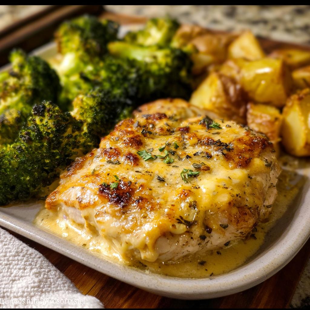 A close-up of a cheesy, herb-topped chicken breast served with roasted broccoli and potatoes from the Sheet Pan Baked Chicken and Broccoli recipe.