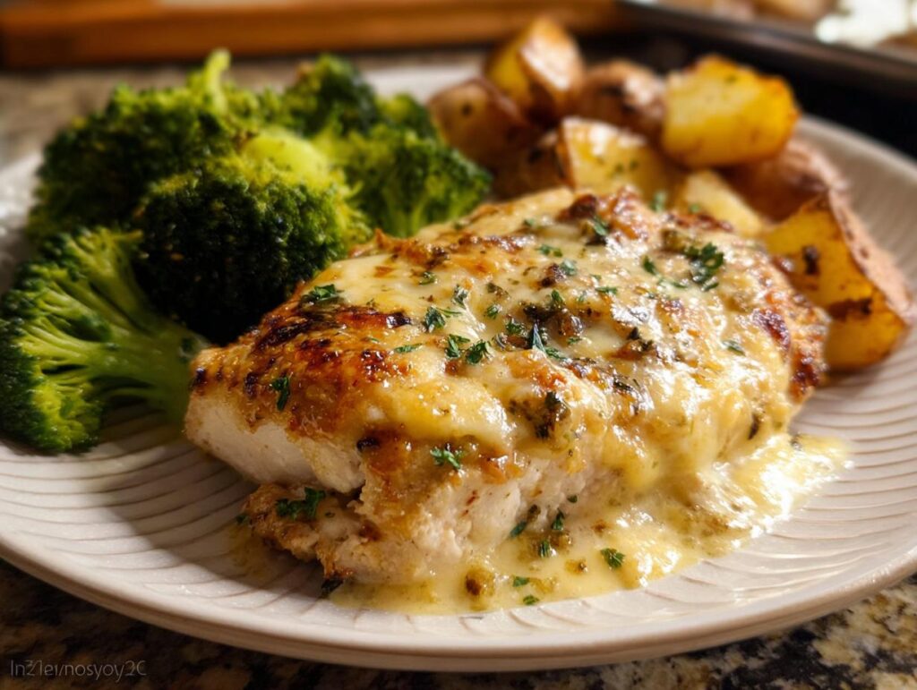 A close-up of cheesy Sheet Pan Baked Chicken and Broccoli served with roasted potatoes on a white plate.
