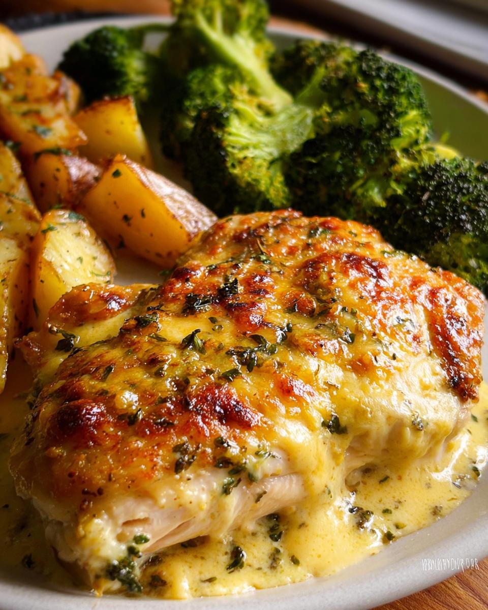 Close-up of cheesy, saucy Sheet Pan Baked Chicken and Broccoli with roasted potatoes.
