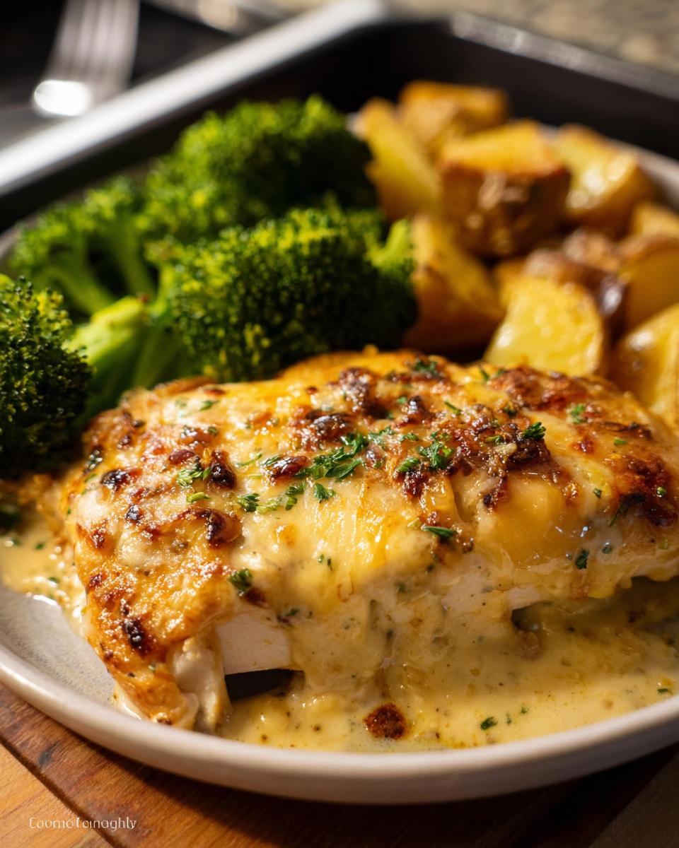 Close-up of a creamy, cheesy baked chicken breast served with roasted potatoes and bright green broccoli.