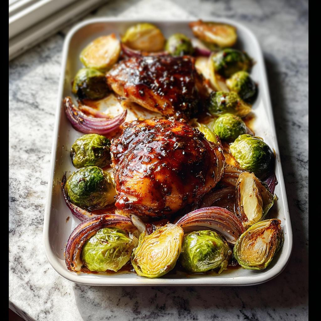 Two glazed chicken thighs surrounded by roasted Brussels sprouts and red onion wedges on a white sheet pan.