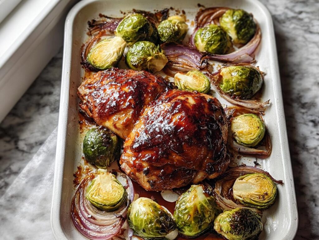 Two pieces of glazed Sheet Pan Balsamic Chicken and Brussels Sprouts roasting on a white sheet pan.