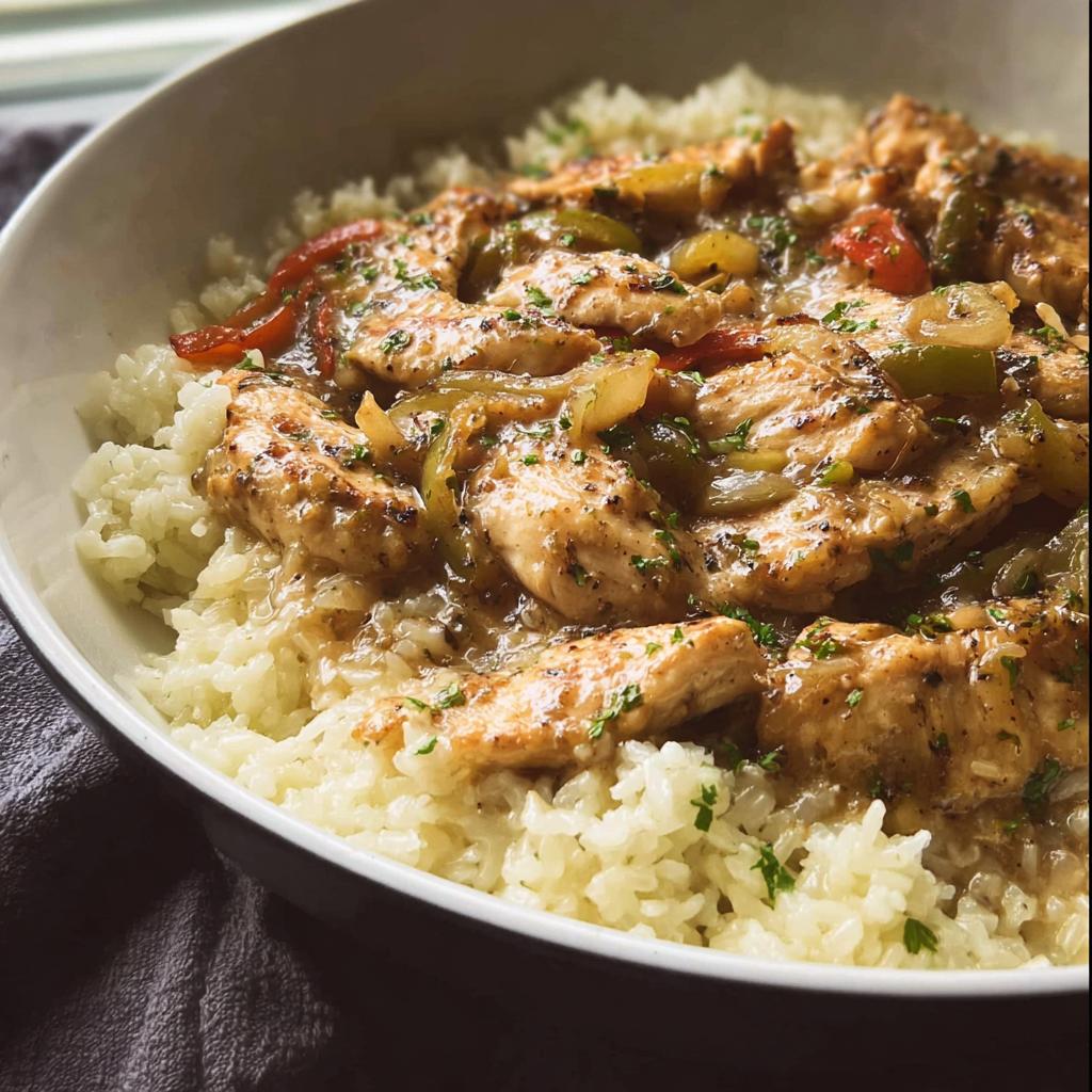 Close-up of seasoned chicken strips and sautéed peppers served over white rice, inspired by Sheet Pan Chicken Fajitas.