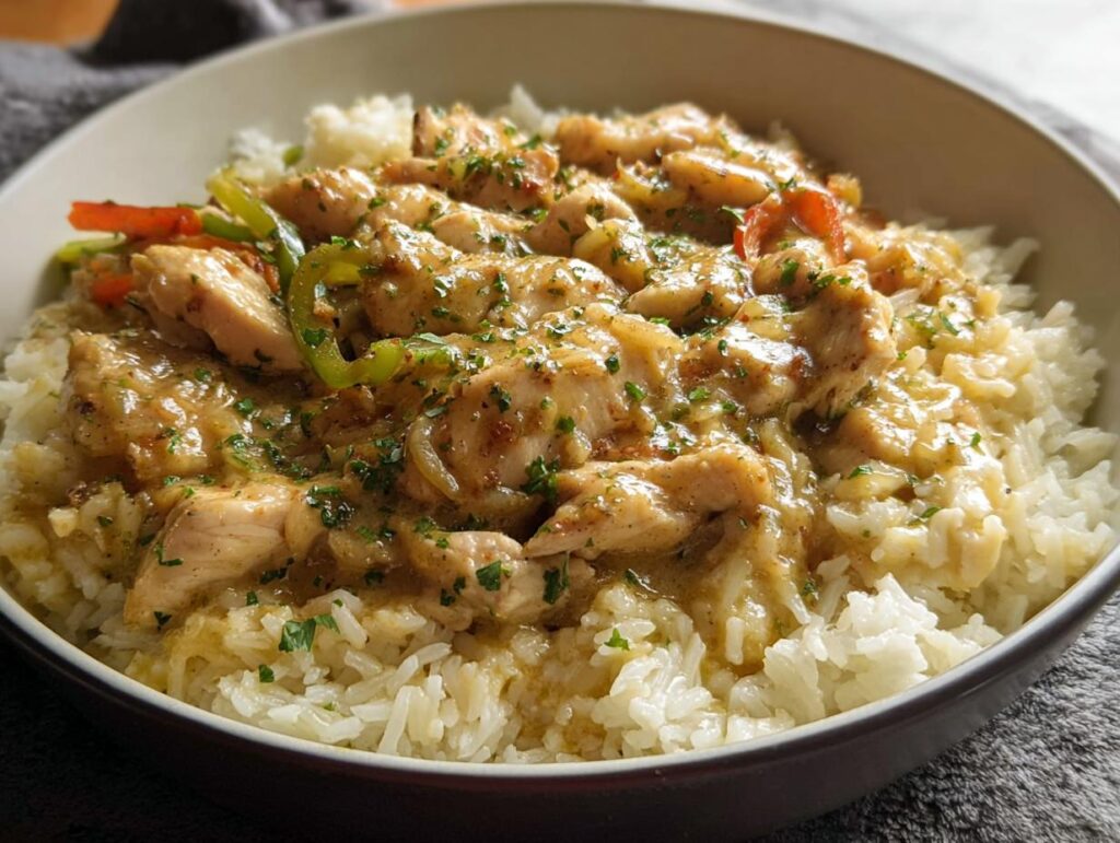 Close-up of seasoned chicken and peppers from Sheet Pan Chicken Fajitas served over white rice in a bowl.