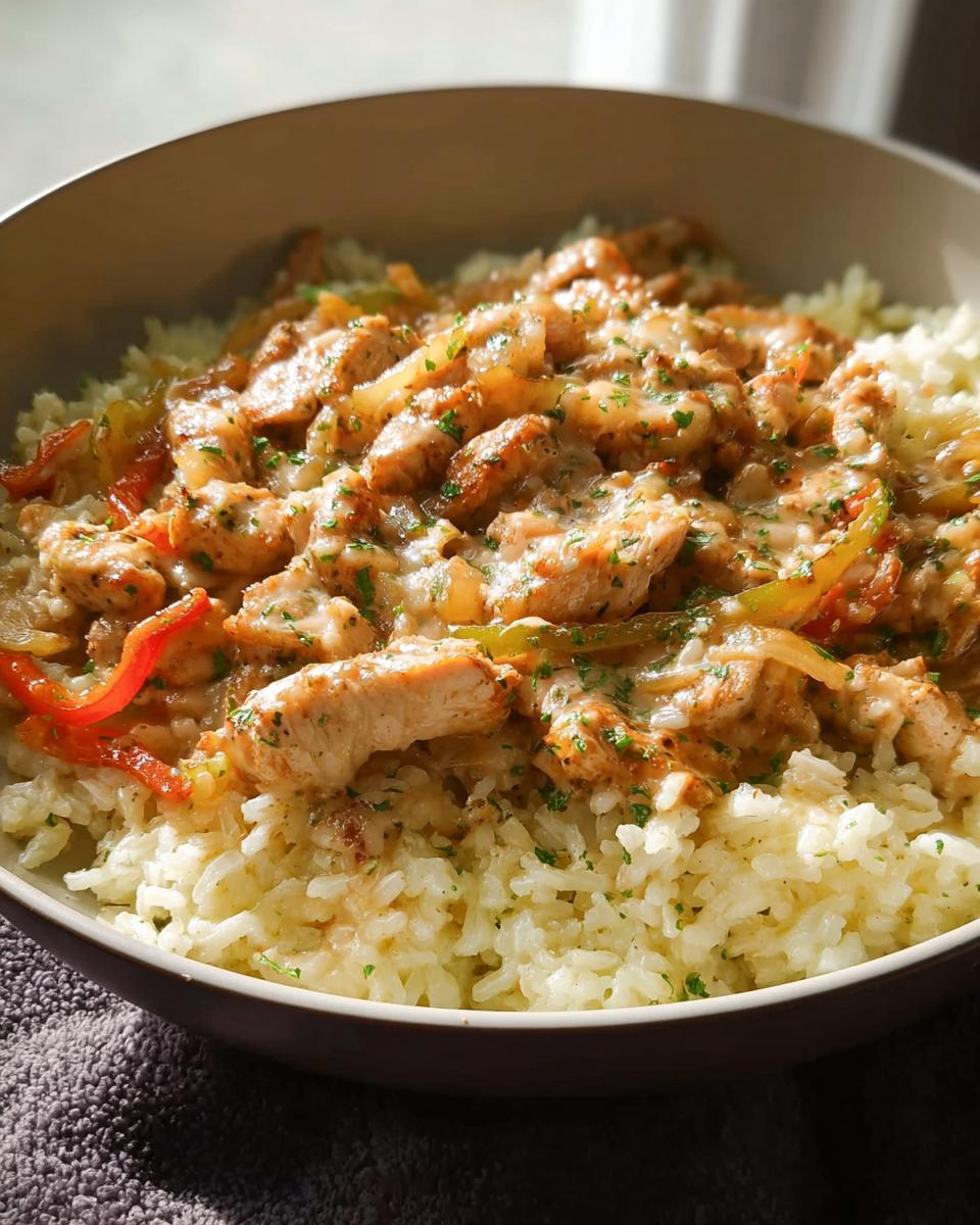 Close-up of seasoned chicken and peppers from Sheet Pan Chicken Fajitas served over white rice in a bowl.